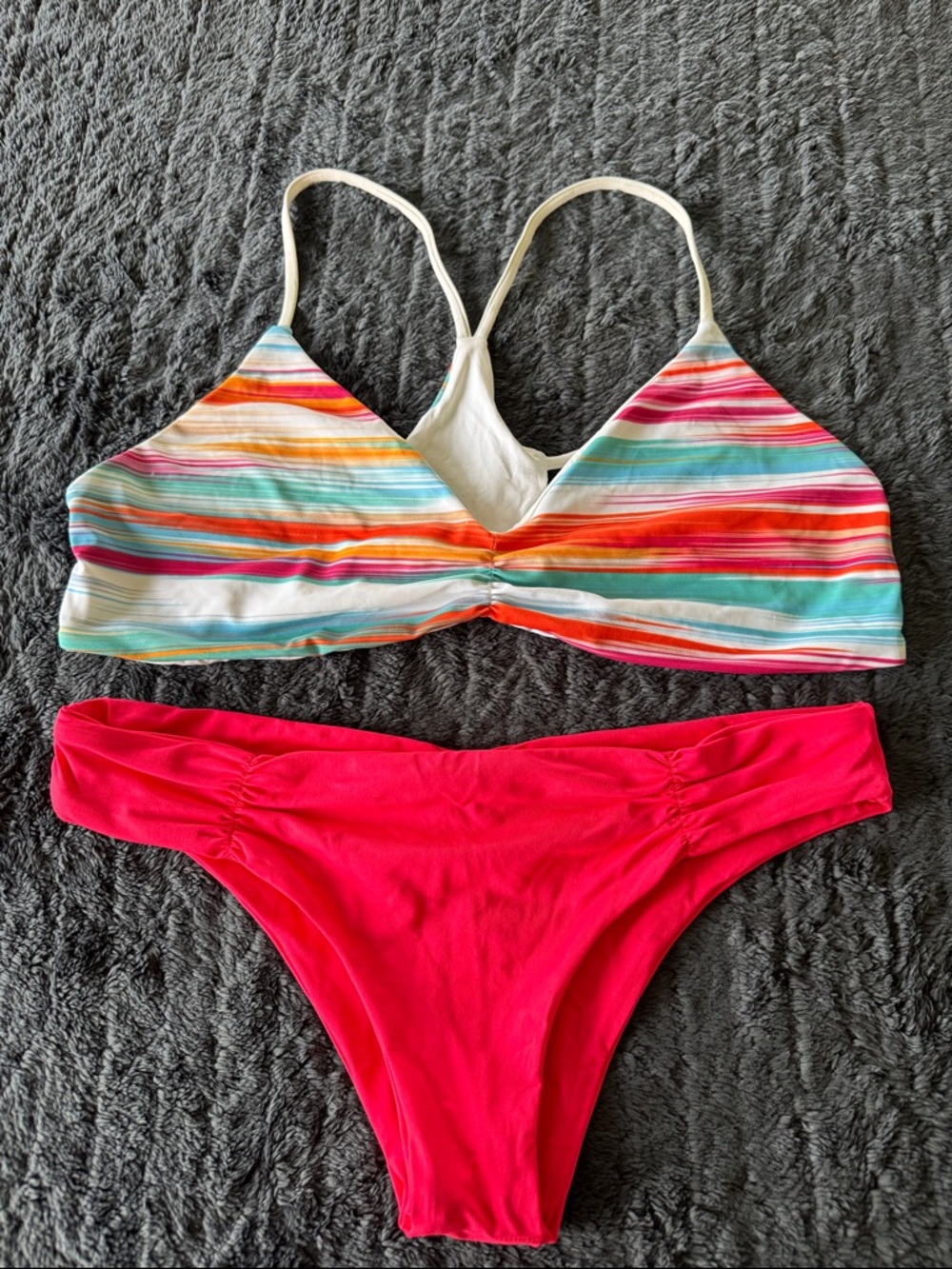 L space Striped Multicolor Bikini Top with Bright Pink Bottom reversible